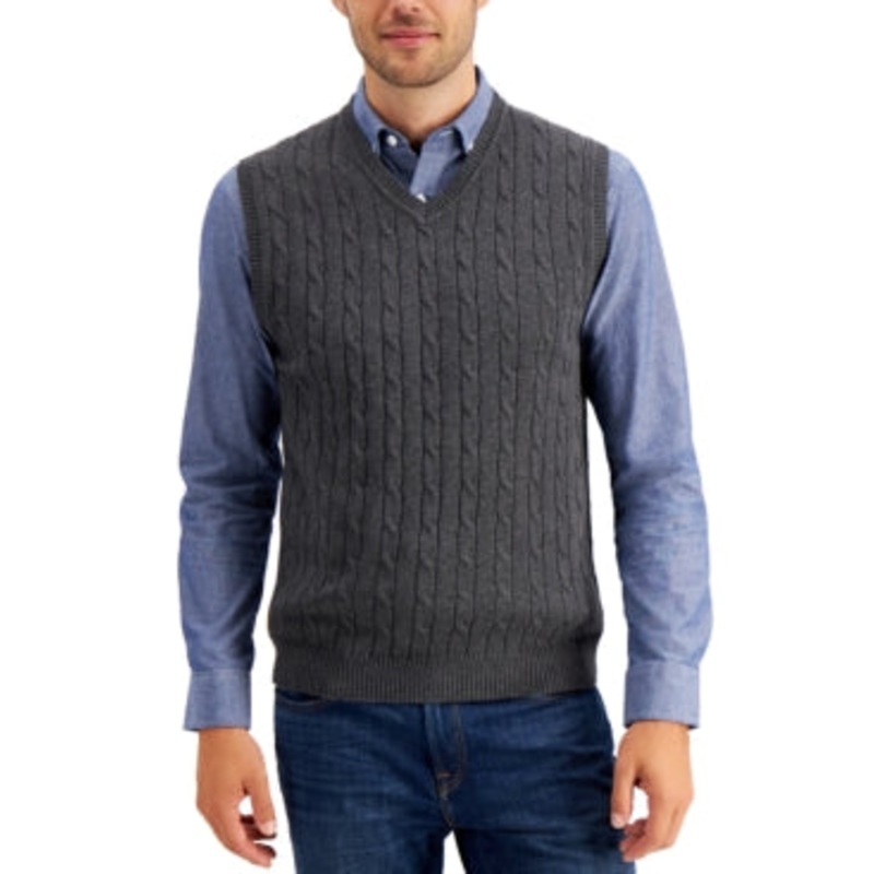 Club Room Mens Cable-Knit Cotton Sweater Vest Charcoal Grey Medium