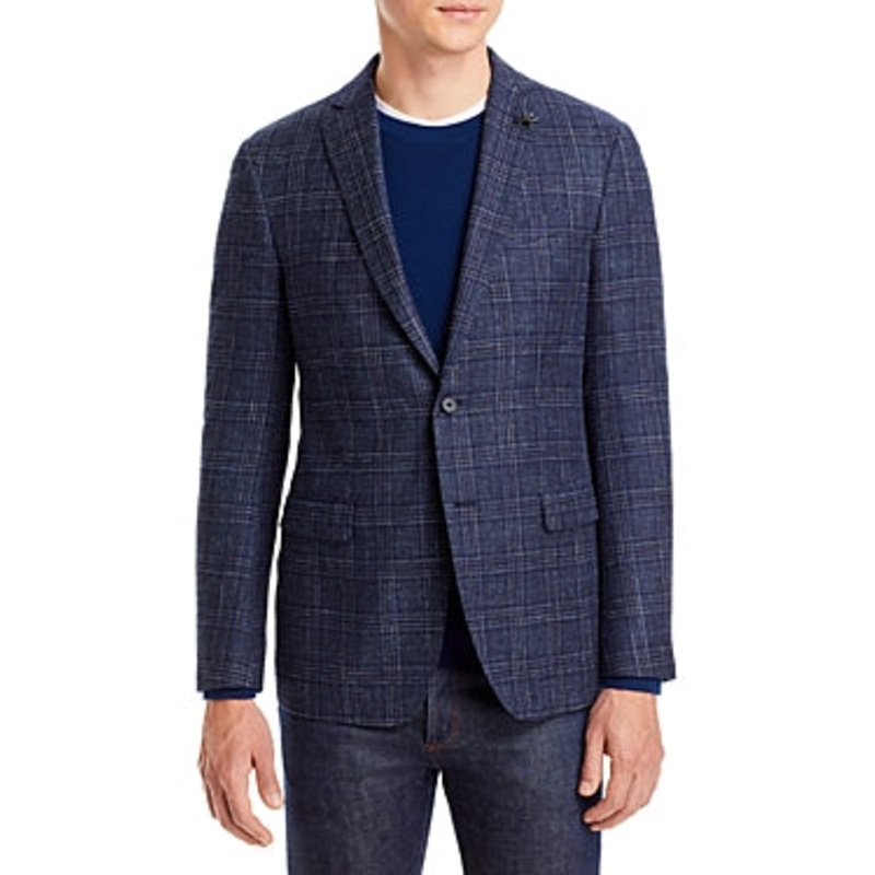 John Varvatos Men's Slim Fit Navy Plaid Wool Cotton Linen Blazer 46R Sport Coat