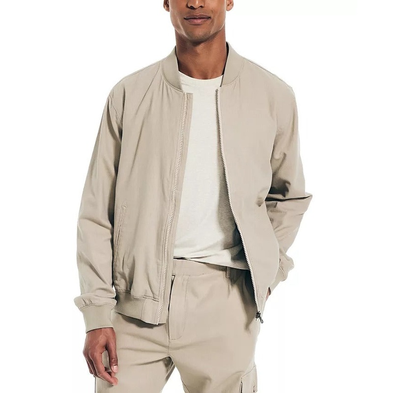NAUTICA Men's Zip-Front Linen Blend Varsity Jacket XL Khaki Beige Tan