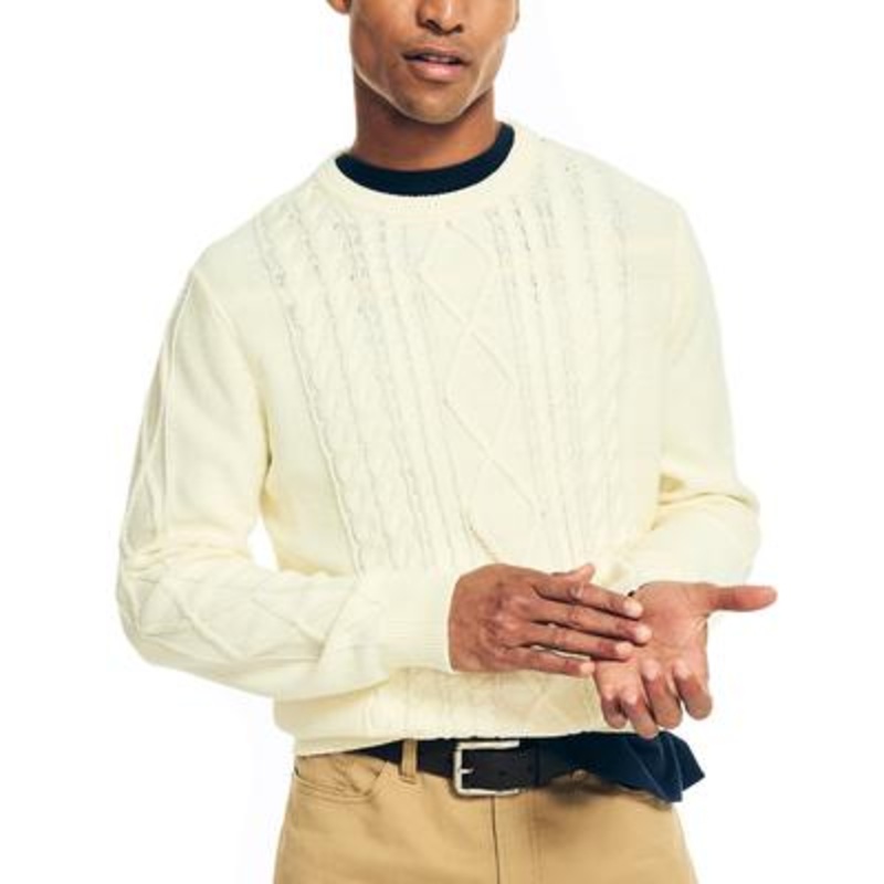 Nautica Mens Cable-Knit Crewneck Sweater Small White