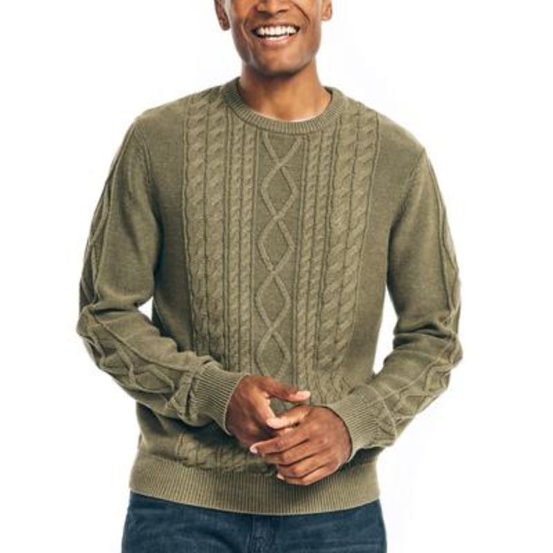 Nautica Mens Dark Green Cable-Knit Crewneck Sweater Small