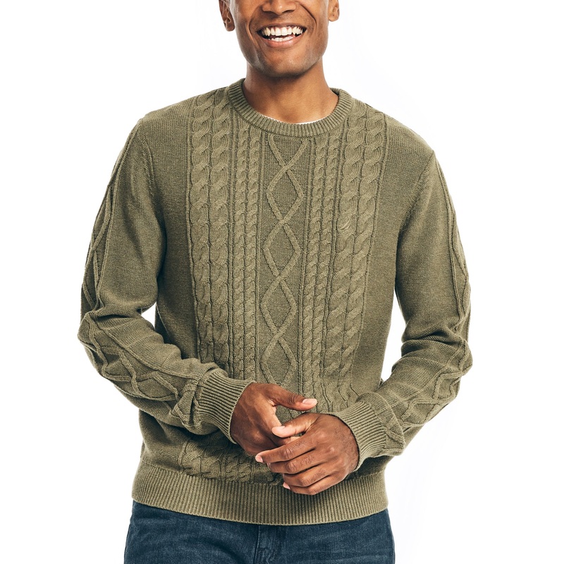 Nautica Mens Dark Green Cotton Crewneck Sweater XL Cable Knit