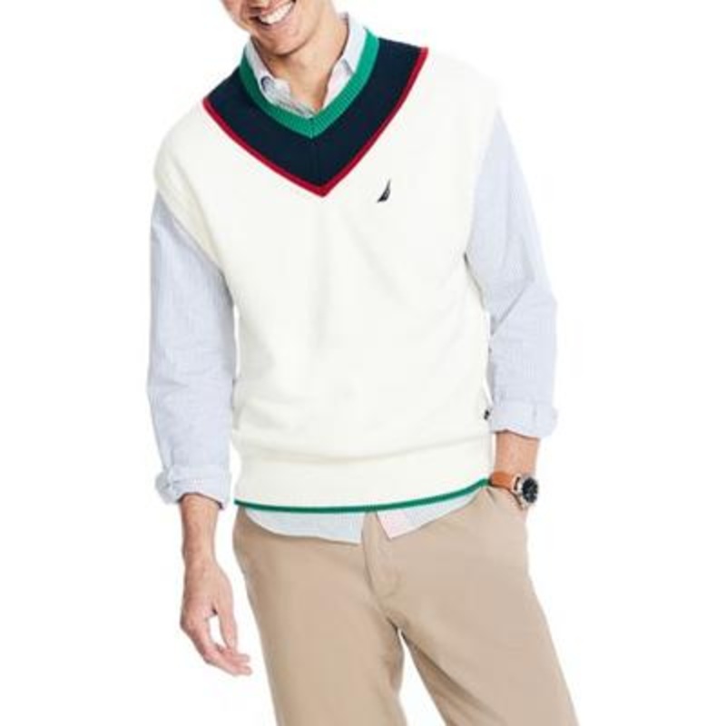 Nautica Mens V-Neck Sleeveless Cricket Sweater Vest Marshmallow White XL