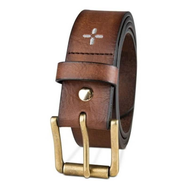 SUN + STONE Mens Brown Adjustable Logo Faux Leather Casual Belt Medium 34 36