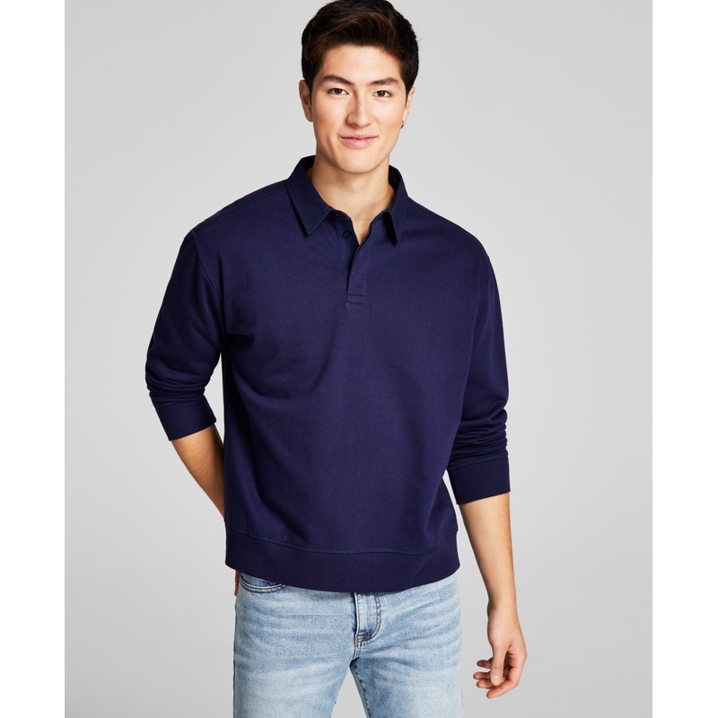 And Now This Men's Solid Fleece Long Sleeve Polo Shirt Evening Blue Medium