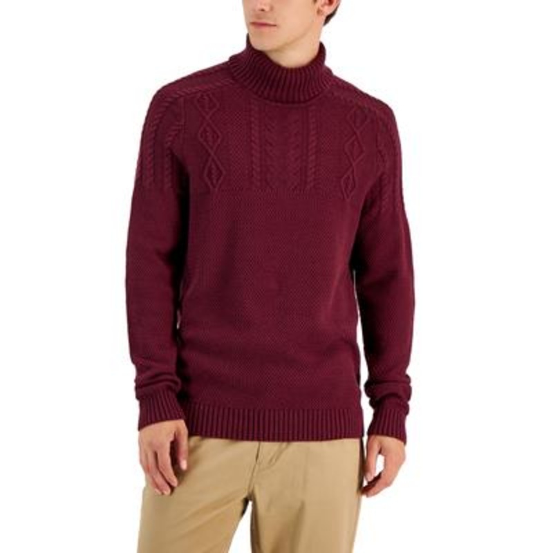 Club Room Men's Chunky Cable Knit Turtleneck Sweater Red Plum Medium