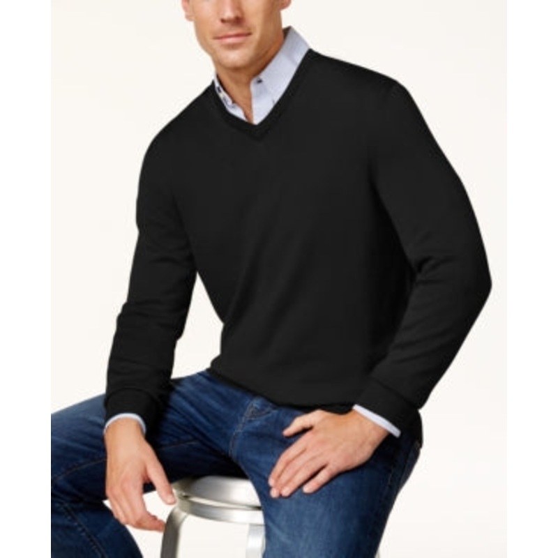 Club Room Men's Regular-Fit Solid V-Neck Sweater Deep Black Large