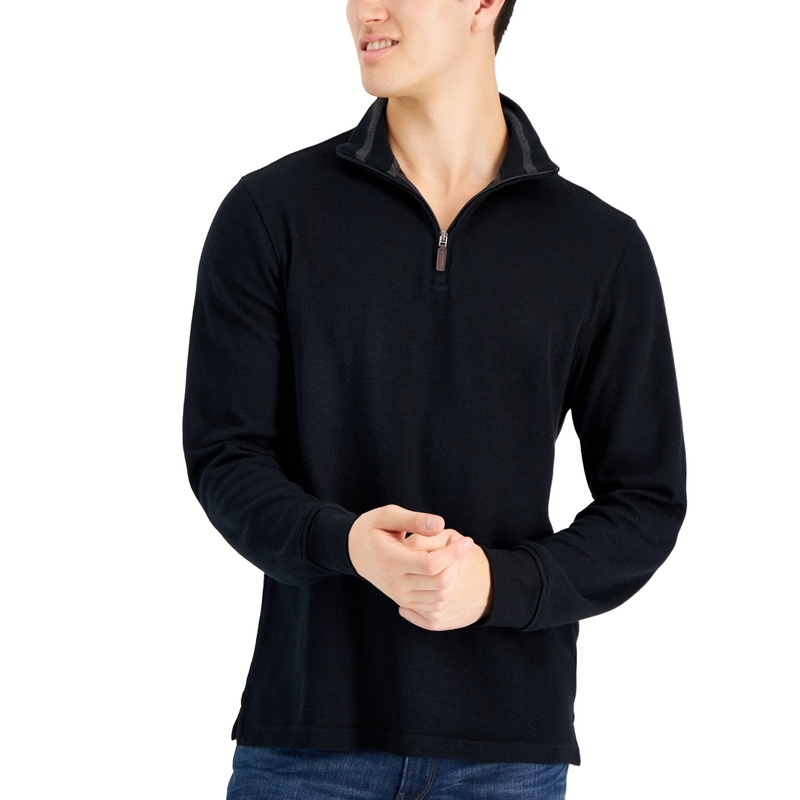 Club Room Men's Solid Classic Fit French Rib Quarter Zip Sweater Deep Black XL