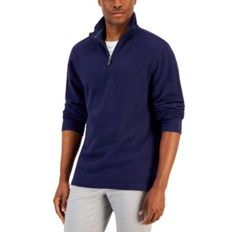 Club Room Men's Solid Classic Fit French Rib Quarter Zip Sweater Navy Blue Small