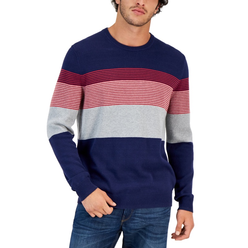 Club Room Men's Striped Crewneck Cotton Sweater Navy Stripe Small