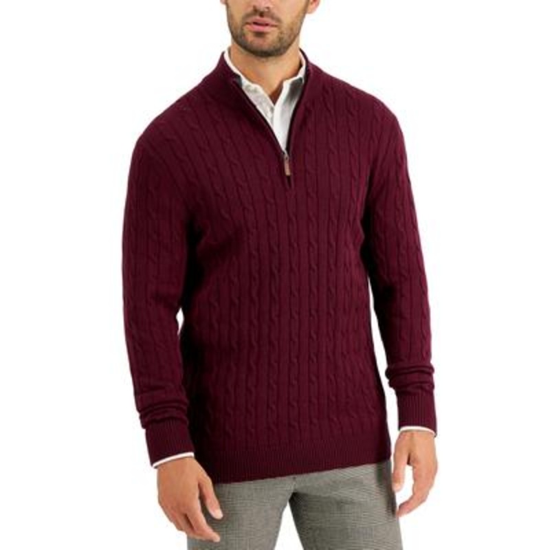 Club Room Mens Cable-Knit Quarter-Zip Sweater Red Plum Size Medium