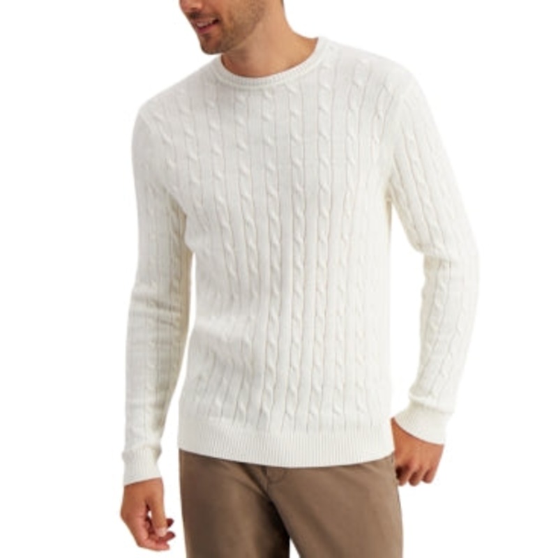 Club Room Mens Cable Knit Sweater Winter Ivory Large Crewneck