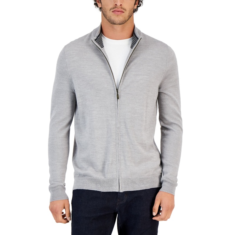 Club Room Mens Merino Full Zip Sweater Smoke Grey Large