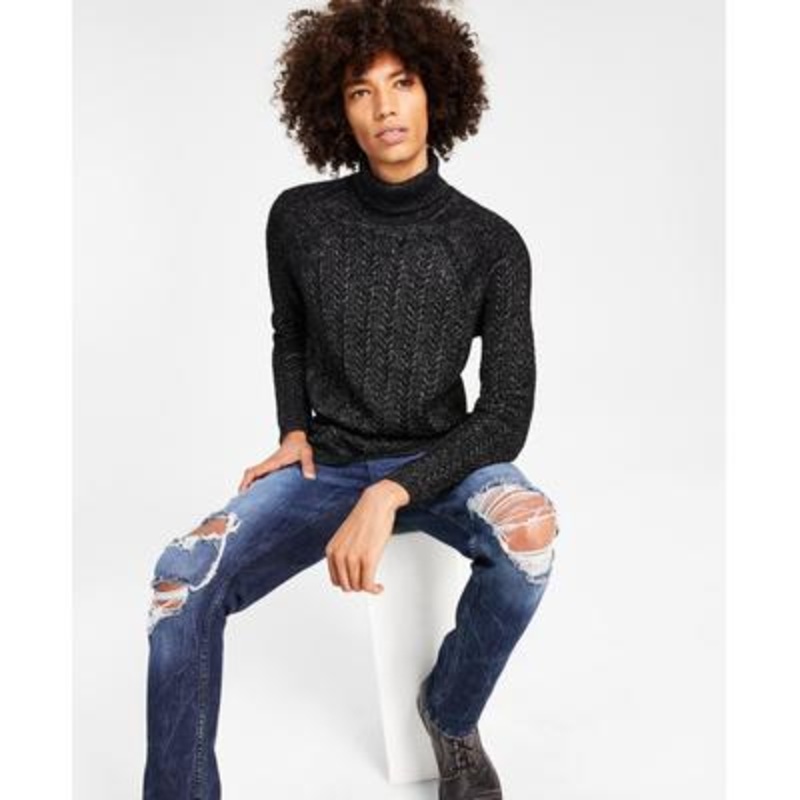 INC International Concepts Men's Metallic Cable Turtleneck Sweater XL Black