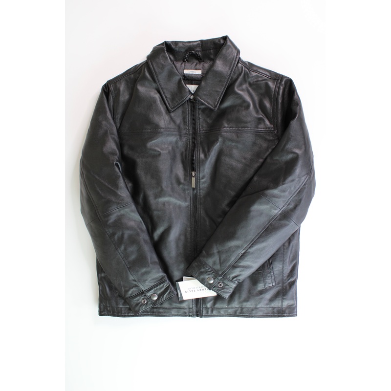 Perry Ellis Mens Classic Black Leather Jacket Coat Medium