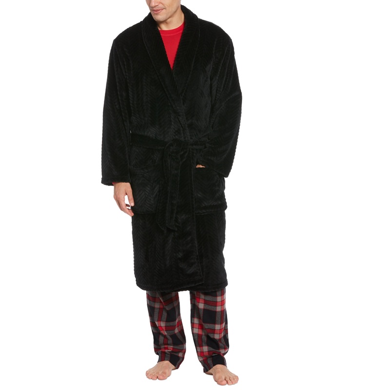 Perry Ellis Portfolio Men's Herringbone Textured Fleece Robe Jet Black