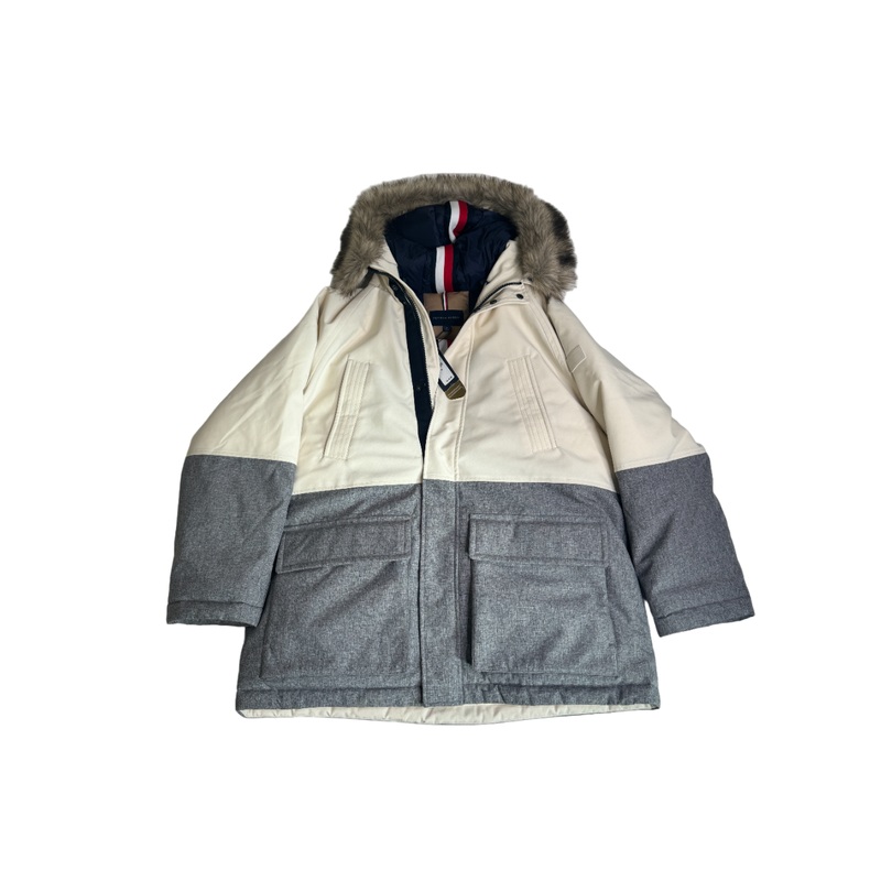 Tommy Hilfiger Mens Filled Storm Parka Coat Medium Cream / Grey WARM!