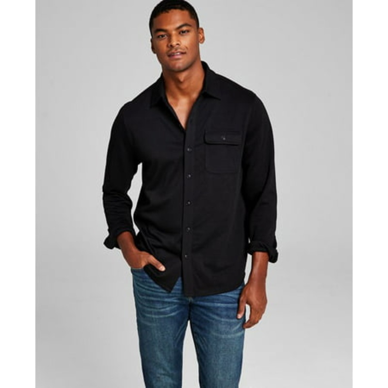 And Now This Men's Classic Fit Solid Knit Button Down Shirt  Jet Black Large