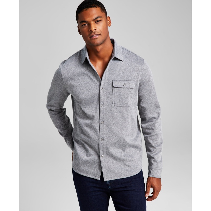 And Now This Mens Classic-Fit Solid Knit Button Down Shirt Grey Small