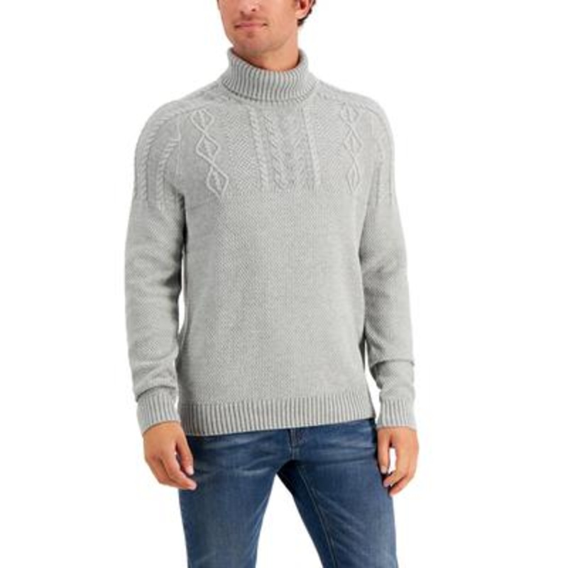 Club Room Men's Chunky Cable Knit Turtleneck Sweater  Soft Grey Heather Large