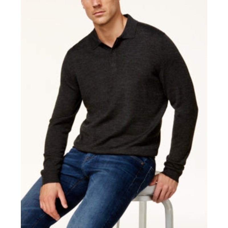 Club Room Men's Henley Sweater Knit Ebony Heather Large