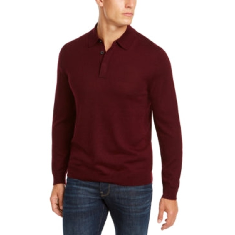 Club Room Men's Merino Wool Blend Henley Polo Sweater Red Plum Medium