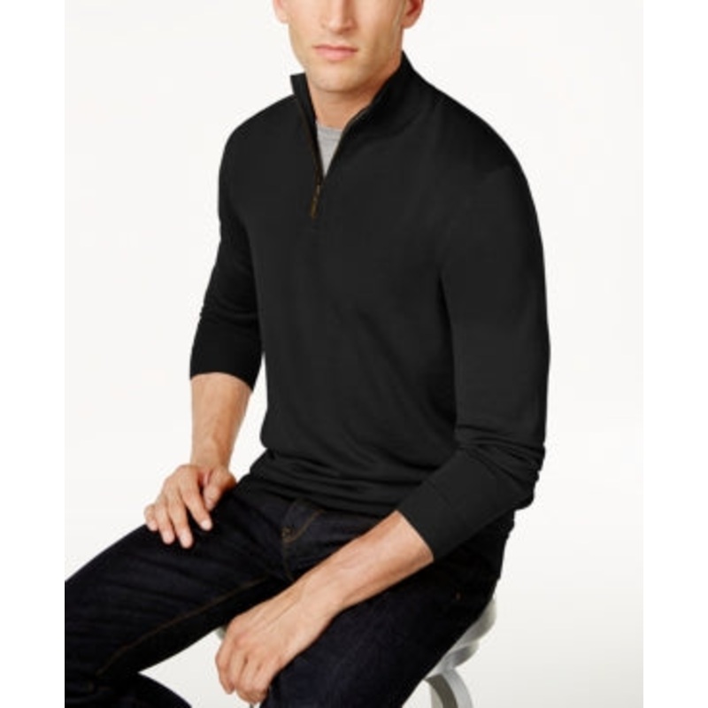 Club Room Men's Regular Fit Quarter Zip Sweater Black Large Merino Wool