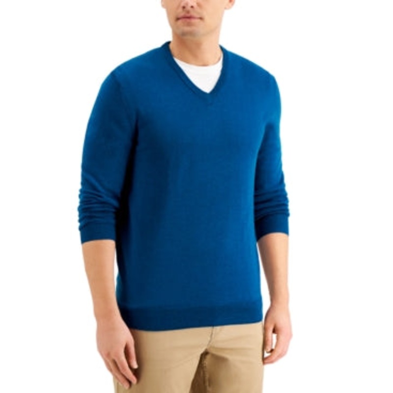 Club Room Men's Regular-Fit V-Neck Merino Wool Sweater Blue Large