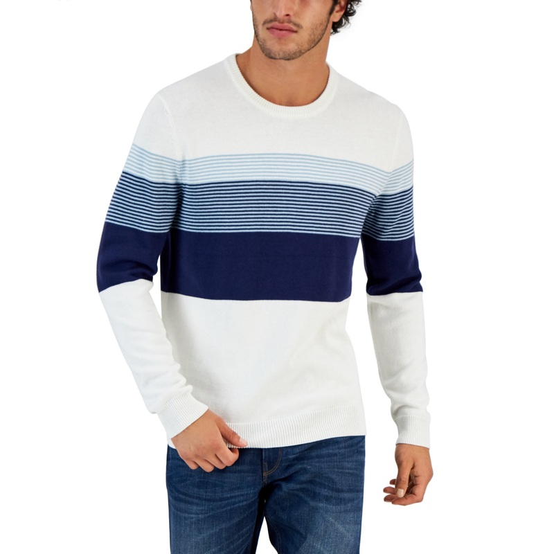 Club Room Men's Striped Colorblocked Sweater Winter Ivory Blue Large