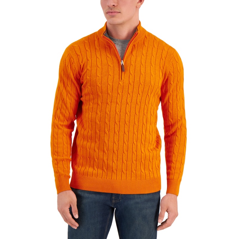 Club Room Mens Cable Knit Cotton Quarter Zip Orange Large
