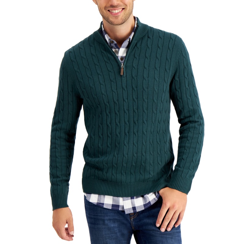 Club Room Mens Cable-Knit Quarter-Zip Pullover Sweater Pine Grove Green Medium