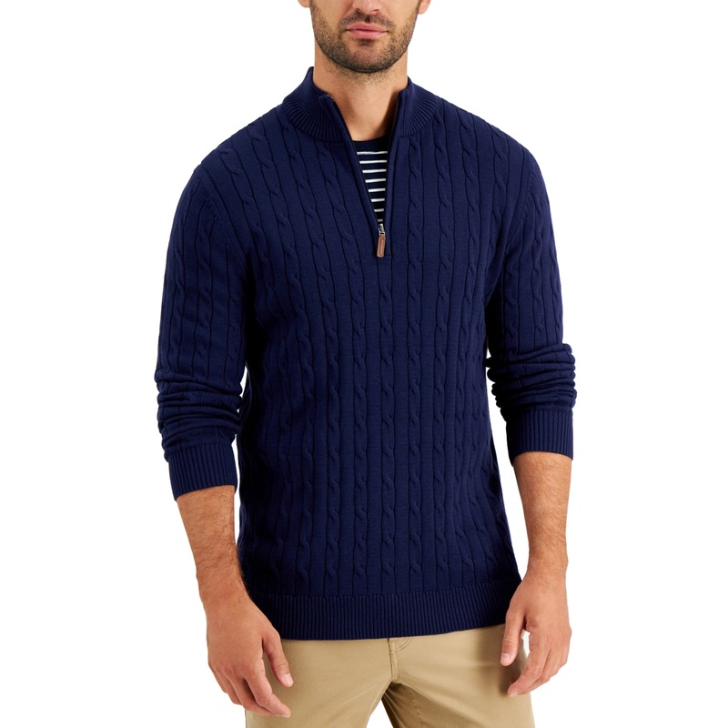 Club Room Mens Cable Knit Quarter Zip Sweater Navy Blue XL