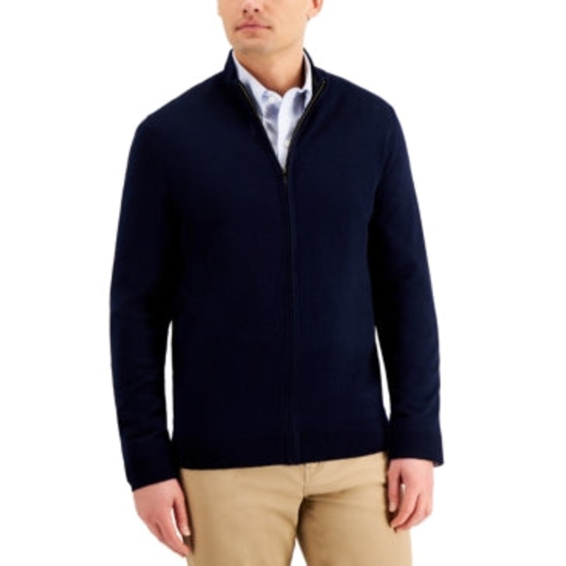 Club Room Mens Merino Wool Zip-Front Sweater Navy Blue Medium