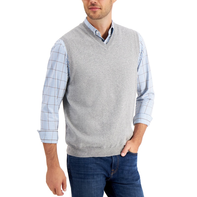 Club Room Mens V Neck Sweater Vest Soft Grey Heather Large