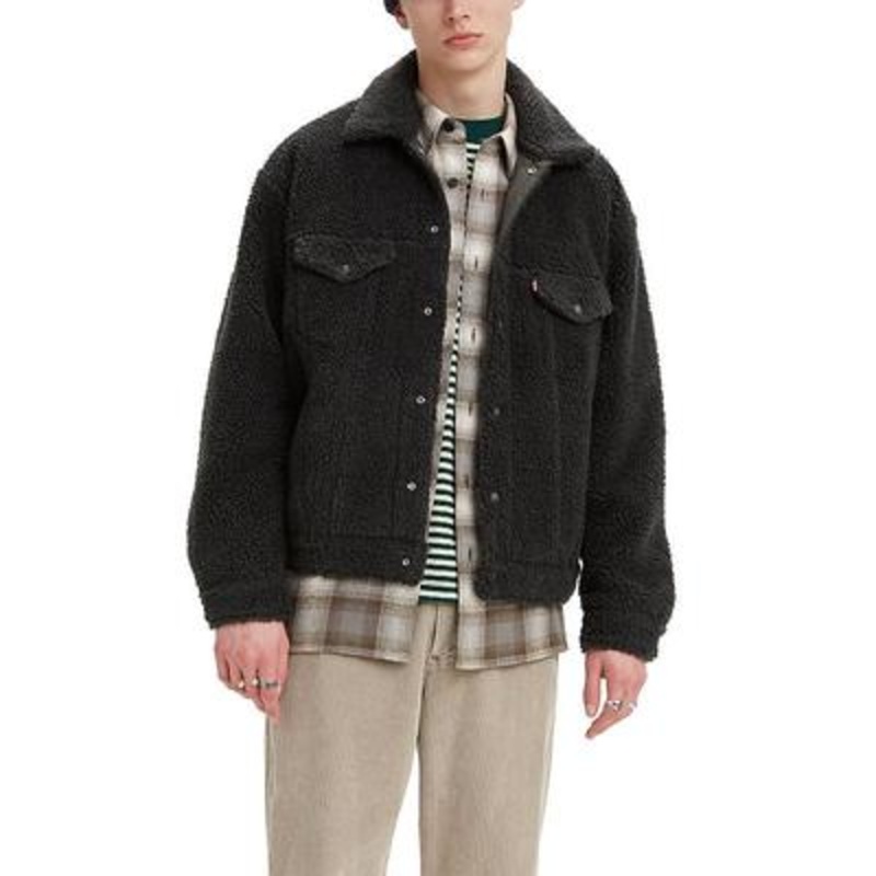 Levis Mens Relaxed-Fit Fleece Trucker Jacket Medium Black