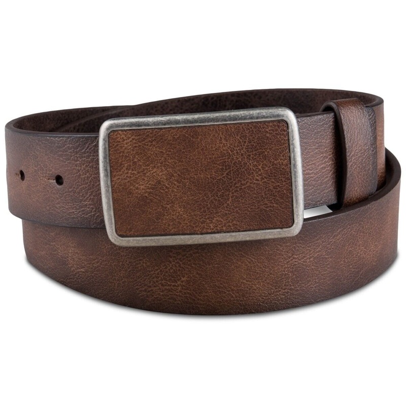 Sun + Stone Men's Bonded Leather Plaque Buckle Belt Brown Medium