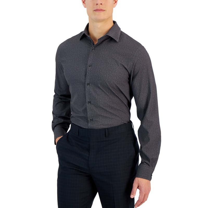 Alfani Mens Charcoal Slub Texture Button Down Dress Shirt Charcoal 17  34 35