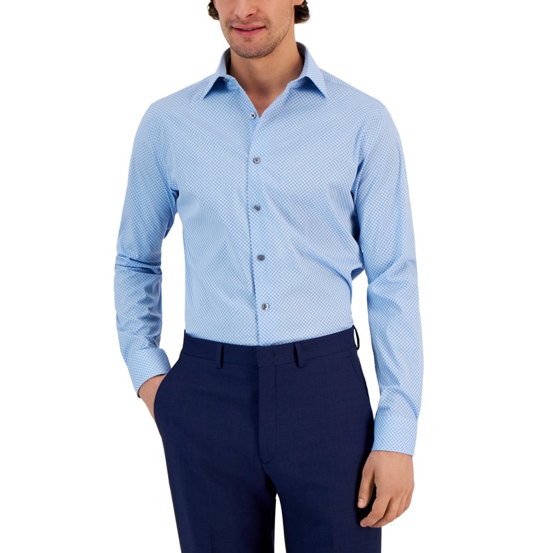 Alfani Mens Puzzle Print Button Down Dress Shirt Light Blue 17-17.5 / 36-37