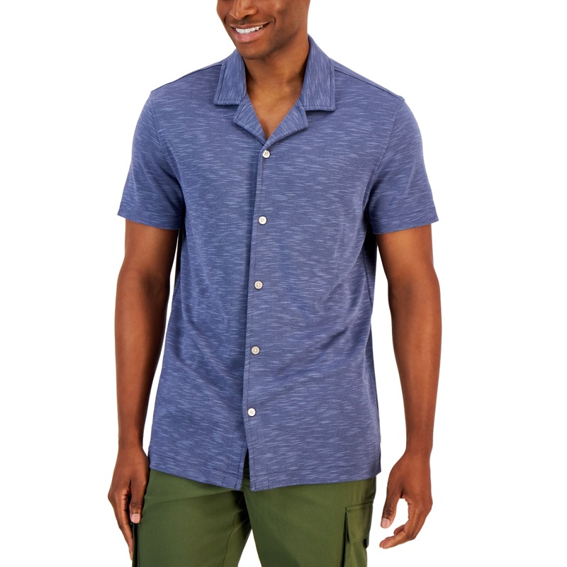 Alfani Mens Space Dyed Textured Short Sleeve Button Down Shirt Navy Blue Large