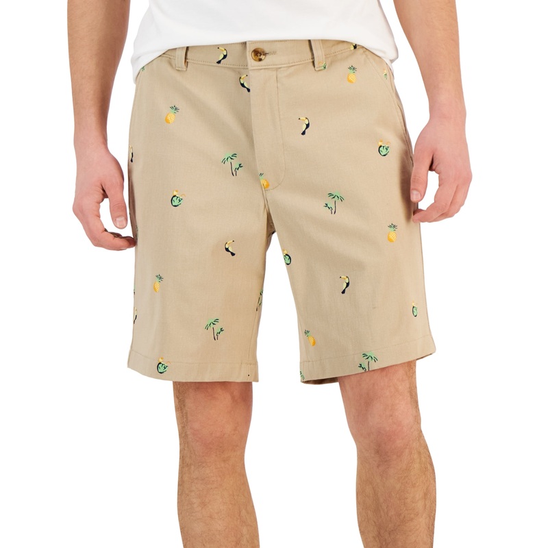 Club Room Men's Flat Front Vacation Icons Shorts Khaki 40