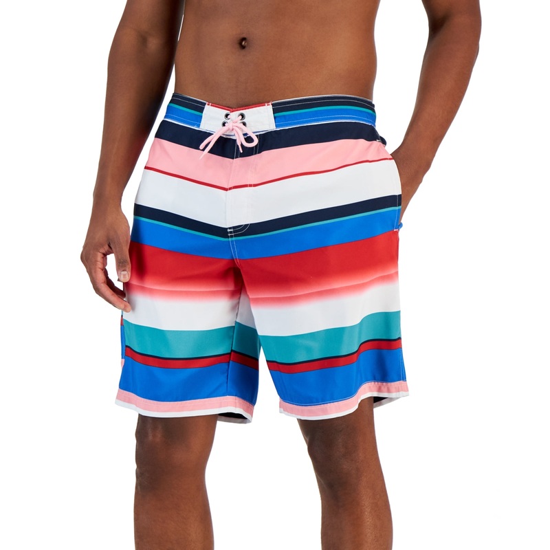 Club Room Mens Chroma Stripe Board Swim Shorts White Blue Combo Small