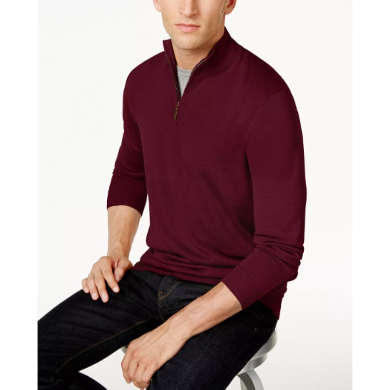 Club Room Mens Regular Fit Quarter Zip Sweater Red Plum XL Merino Wool