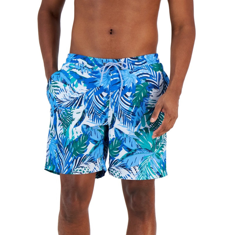 Club Room Mens Tropical Leaves Swim Trunks Navy Blue Small
