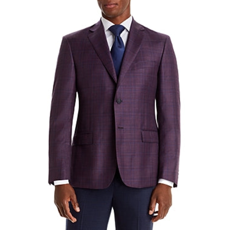 Men's Store Bloomingdales Berry Blue Plaid Sport Coat 42R Purple / Blue Wool
