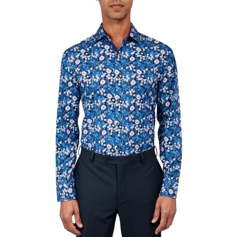 Society of Threads Mens Regular-Fit Paisley Perf Blue Button Down Shirt Medium