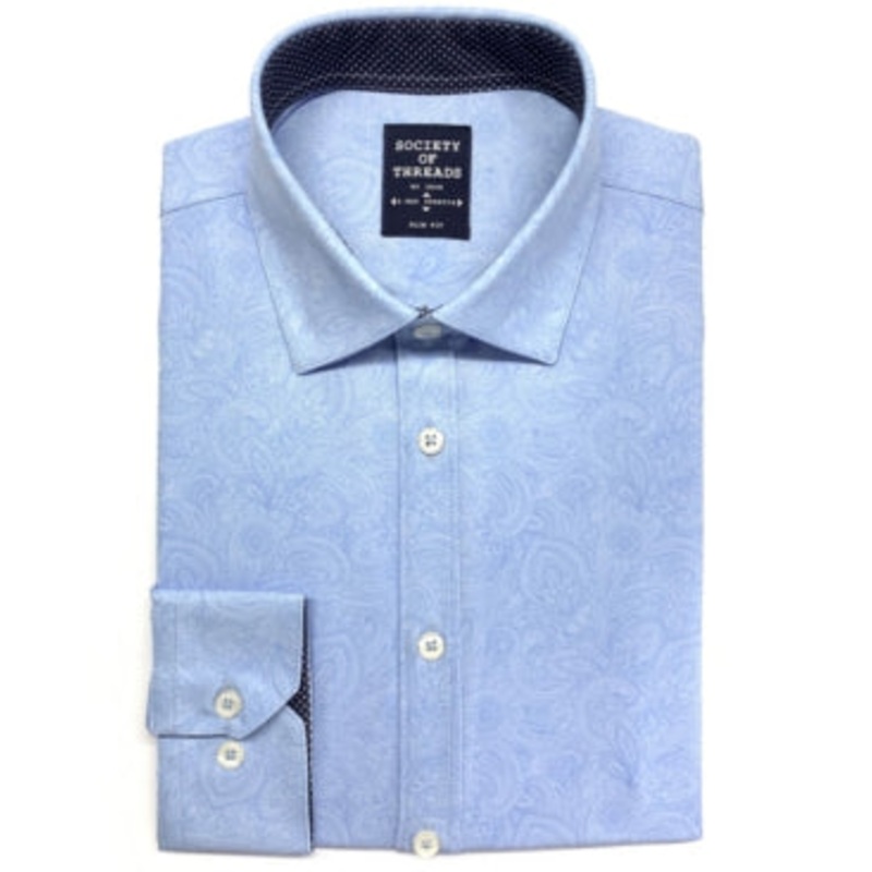 Society of Threads Mens Slim Fit Button Down Shirt Non Iron Blue XL