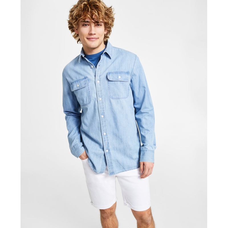 Sun + Stone Men's Denim Blue Long Sleeve Button Down Shirt Small