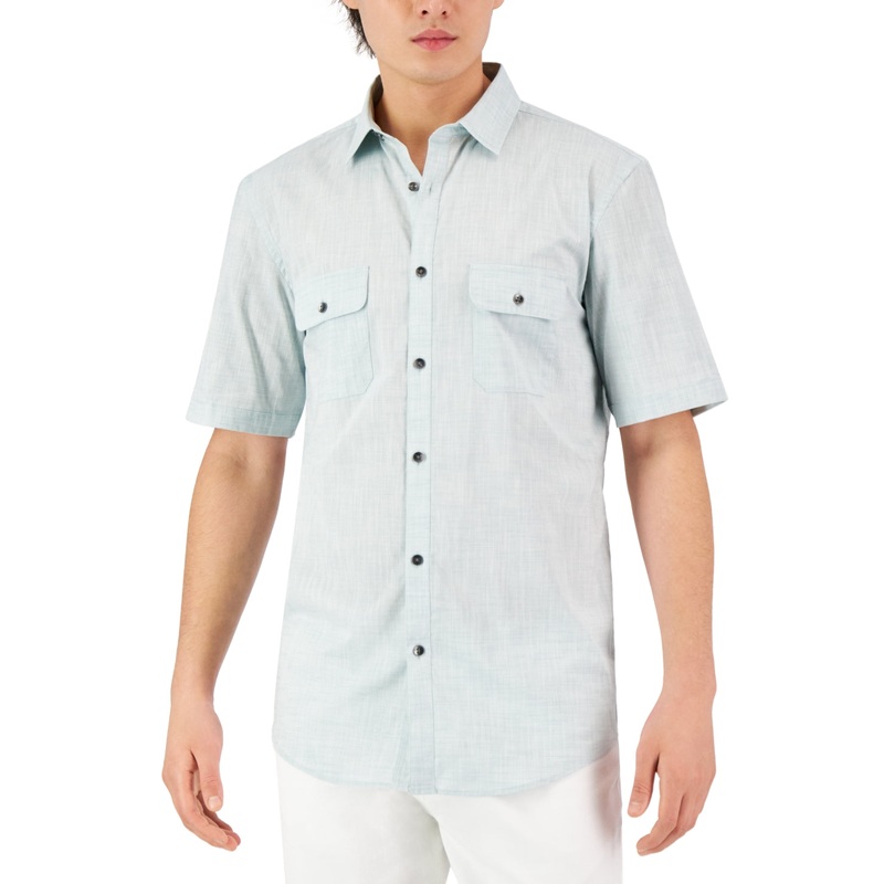 Alfani Men's Warren Short Sleeve Button Down Shirt Oil Blue Small