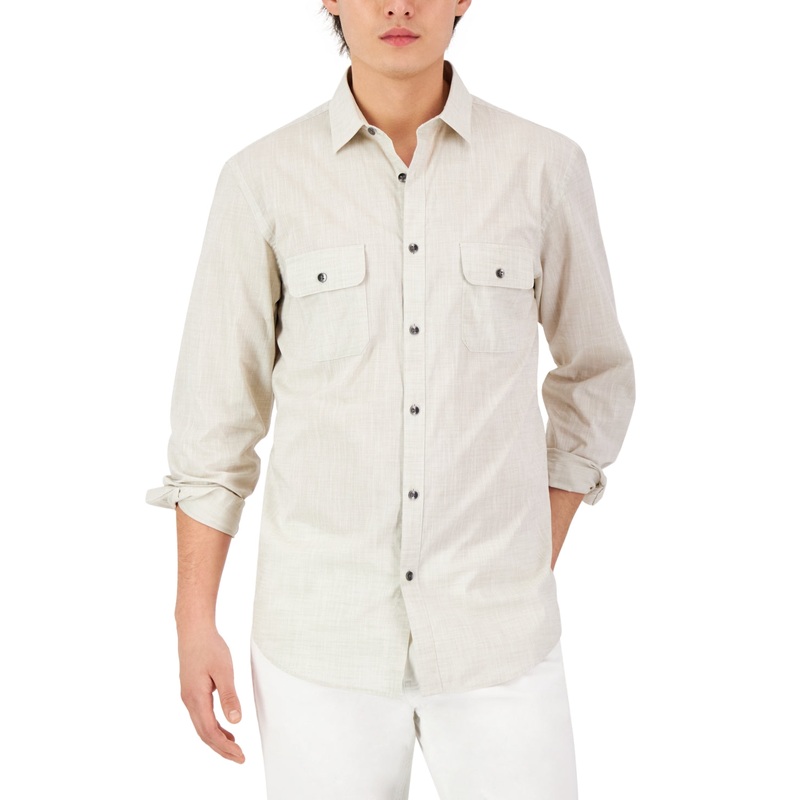 Alfani Mens Regular Fit Solid Button Down Shirt Brown Rice XXL