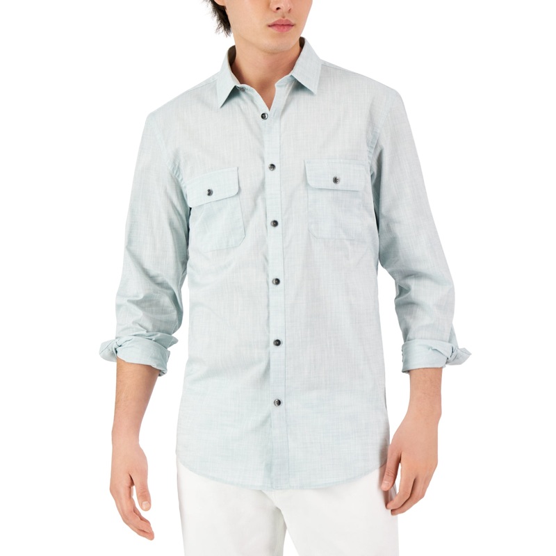 Alfani Mens Regular Fit Solid Button Down Shirt Oil Blue Small